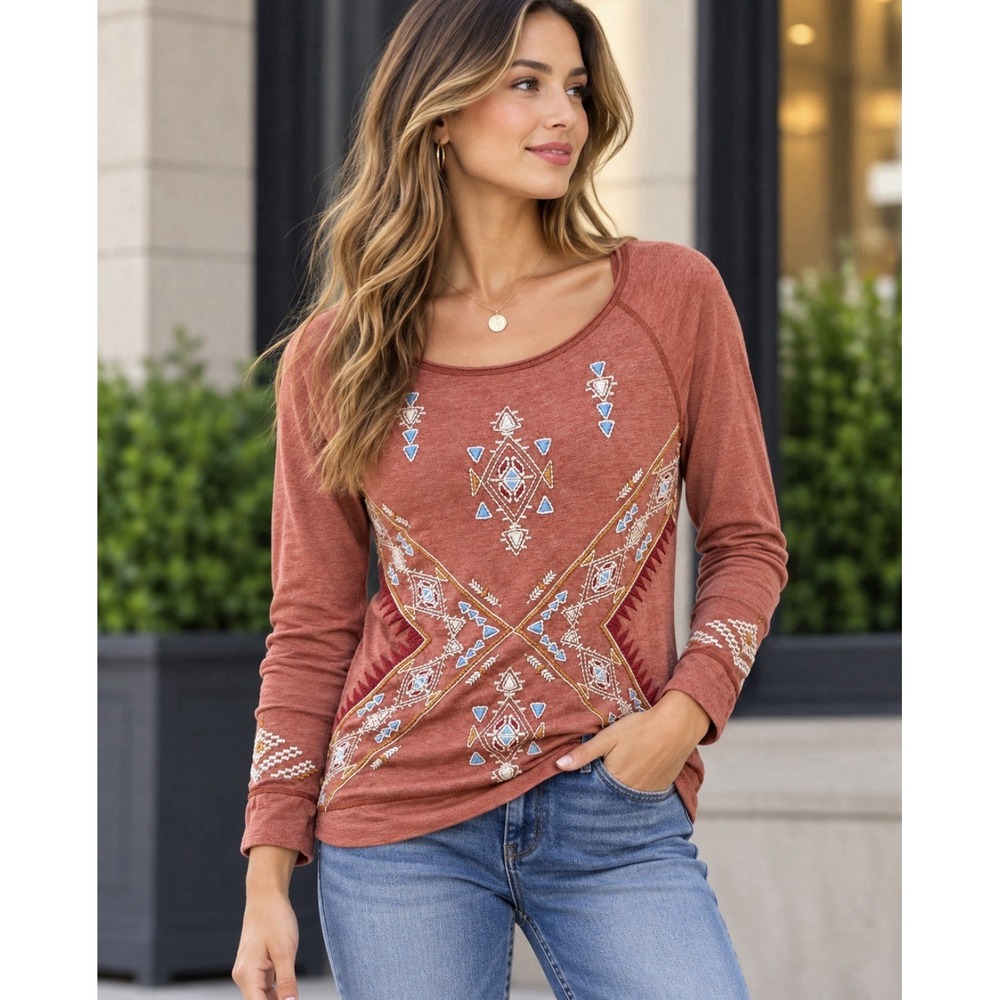 Johnny Was Joy Love Light Embroidered Geo Long Sleeve Top Womens Small Bohemian